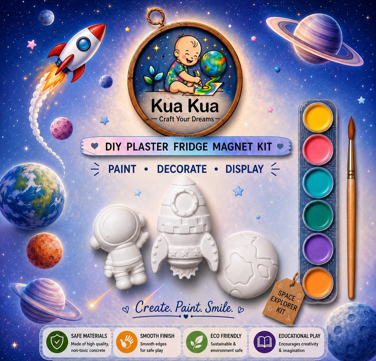DIY Space Explorer Painting Kit for Kids | Astronaut, Rocket & Planet Plaster Fridge Magnets - kuakuacrafts